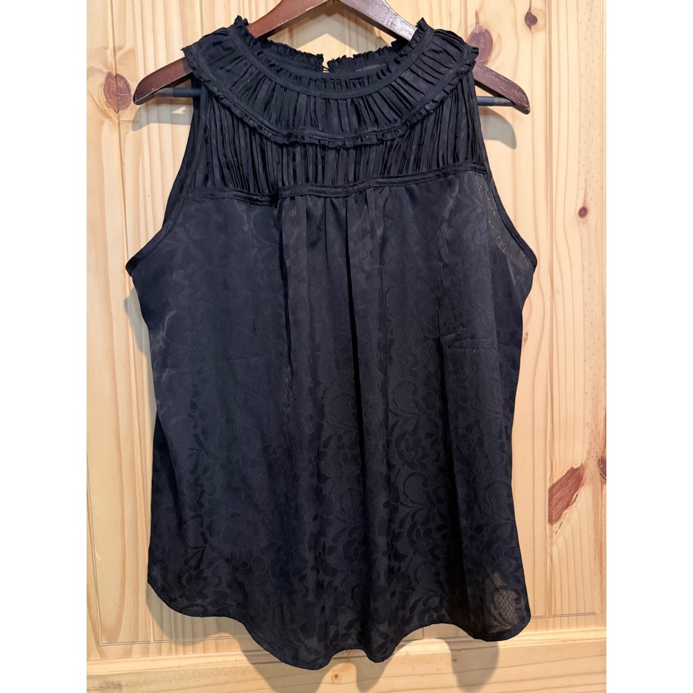 Buckle Black Floral Jacquard Pleated Ruffle Neck Sleeveless Blouse Top Large